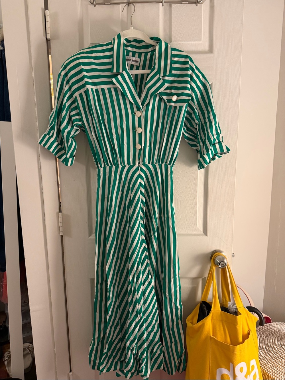 Green and White Striped Button-Front Midi Dress